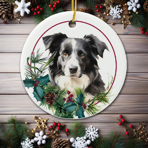Schwarz Weißer Australischer Schäferhund Immergrün Keramik Ornament