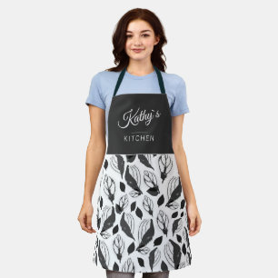 Schwarz-weißer Basilikum-Kräuterleaf-Muster Botani Schürze