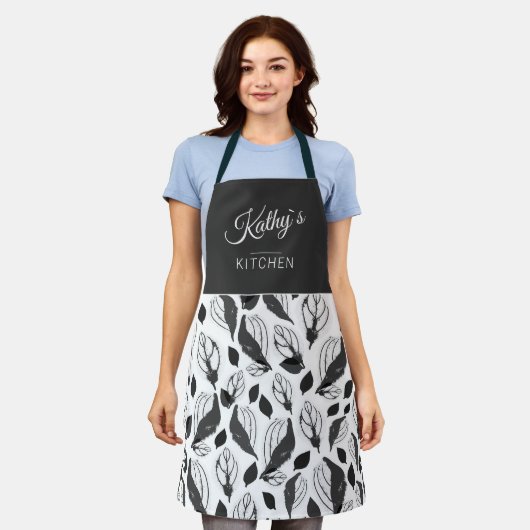 Schwarz-weißer Basilikum-Kräuterleaf-Muster Botani Schürze (Getragen)