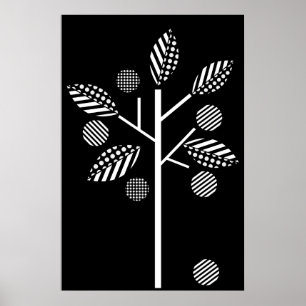 Schwarz-weißer Baum auf schwarzem Hintergrund Druc Poster