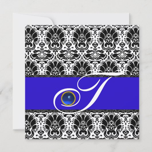 SCHWARZ-WEISSER BLAUE DAMASK MONOGRAM Saphire Meta Einladung (Vorderseite)