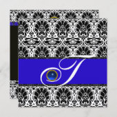 SCHWARZ-WEISSER BLAUE DAMASK MONOGRAM Saphire Meta Einladung (Vorne/Hinten)