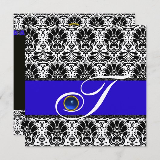 SCHWARZ-WEISSER BLAUE DAMASK MONOGRAM Saphire Meta Einladung (Vorne/Hinten)