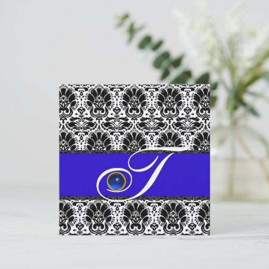 SCHWARZ-WEISSER BLAUE DAMASK MONOGRAM Saphire Meta Einladung (Stehend Vorderseite)