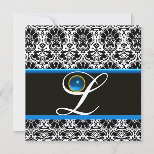 SCHWARZ-WEISSER BLAUE DAMASK MONOGRAM Saphire Meta Einladung (Vorderseite)