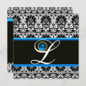 SCHWARZ-WEISSER BLAUE DAMASK MONOGRAM Saphire Meta Einladung (Vorne/Hinten)
