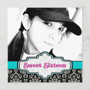 Schwarz-weißer blauer Damast 16 . Geburtstag Gebur Einladung