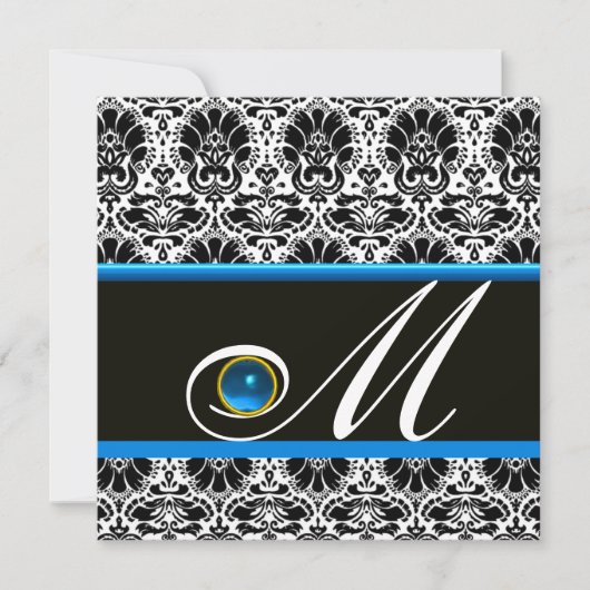 SCHWARZ-WEISSER BLUE DAMASK MONOGRAM Saphir Einladung (Vorderseite)