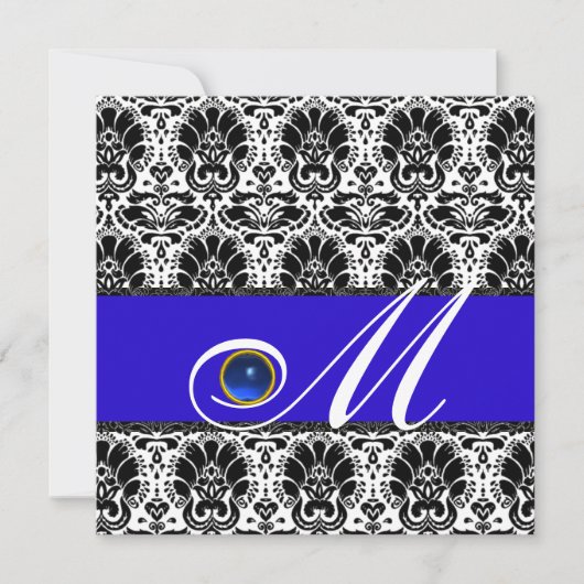 SCHWARZ-WEISSER BLUE DAMASK MONOGRAM Saphir Einladung (Vorderseite)