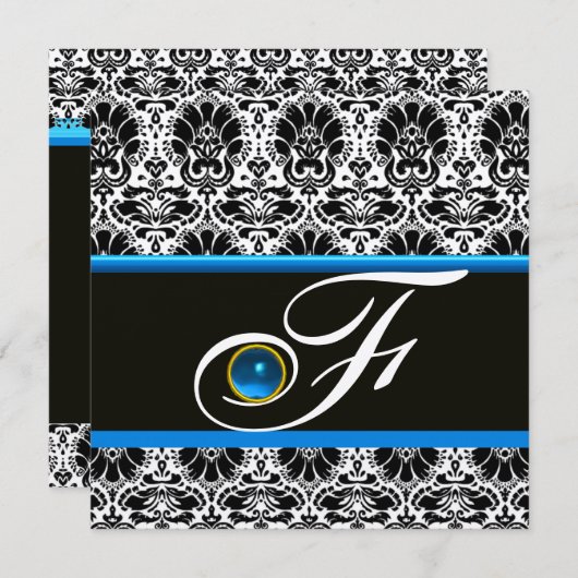SCHWARZ-WEISSER BLUE DAMASK MONOGRAM Saphire Silve Einladung (Vorne/Hinten)