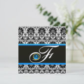 SCHWARZ-WEISSER BLUE DAMASK MONOGRAM Saphire Silve Einladung (Stehend Vorderseite)