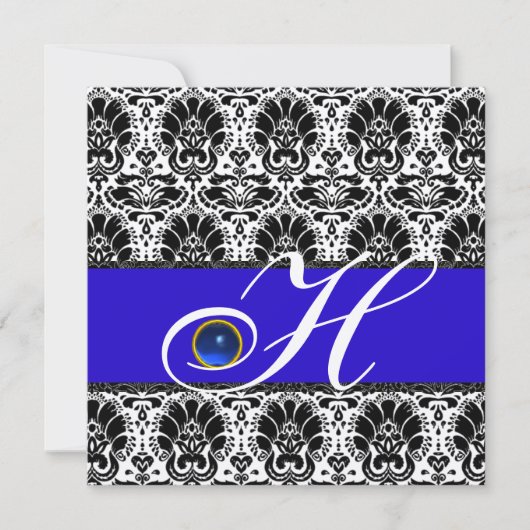 SCHWARZ-WEISSER BLUE DAMASK MONOGRAM Saphire Silve Einladung (Vorderseite)
