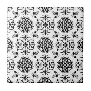 Schwarz-weißer Blumen-Damask im Vintage-Stil Fliese