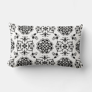 Schwarz-weißer Blumen-Damask im Vintage-Stil Lendenkissen