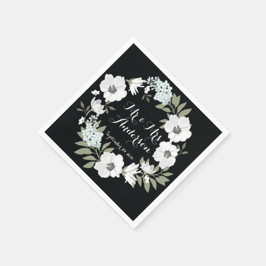 Schwarz-weißer Blumenreath Wedding Napkin Serviette (Ecke)