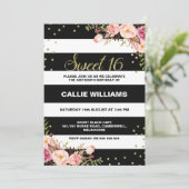 Schwarz-weißer Blumenzauber, 16. Geburtstag Einlad Einladung (Stehend Vorderseite)