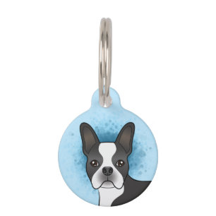 Schwarz-weißer Boston-Terrier-Cartoon-Hund auf Bla Haustiermarke