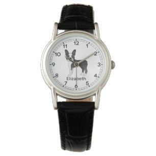 Schwarz-weißer Boston-Terrier-Cartoon-Hund & Name Armbanduhr