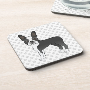 Schwarz-weißer Boston-Terrier-Cartoon-Hund & Pfote Getränkeuntersetzer