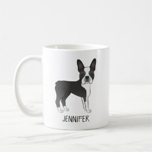 Schwarz-weißer Boston-Terrier-Cartoon-Hund und Nam Kaffeetasse