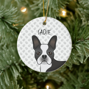 Schwarz-weißer Boston-Terrier-Cartoon-Hund und Nam Keramik Ornament