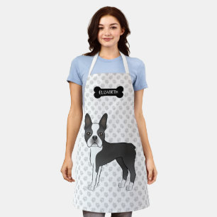 Schwarz-weißer Boston-Terrier-Cartoon-Hund und Nam Schürze