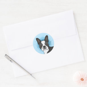 Schwarz-weißer Boston-Terrier-Hund auf Blau Runder Aufkleber
