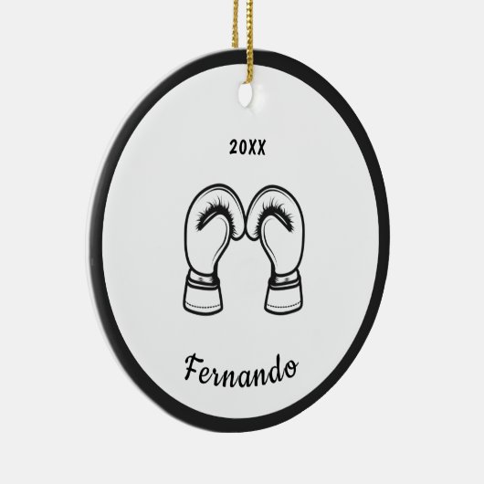 Schwarz-weißer Boxhandschuh Designname Datum Keramik Ornament (Rechts)