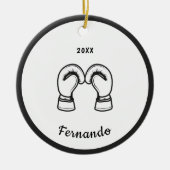 Schwarz-weißer Boxhandschuh Designname Datum Keramik Ornament (Vorne)