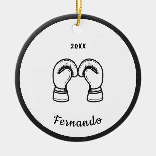 Schwarz-weißer Boxhandschuh Designname Datum Keramik Ornament (Vorne)