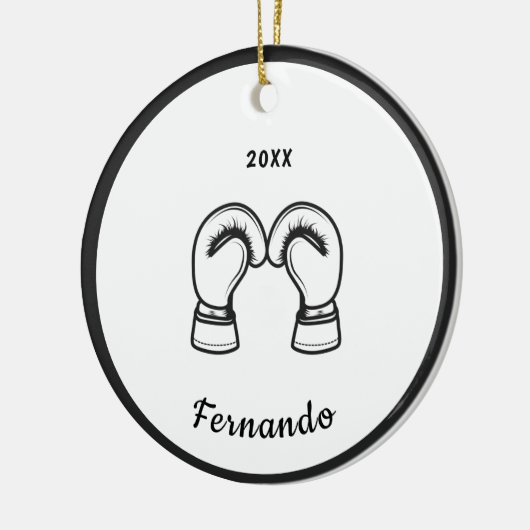 Schwarz-weißer Boxhandschuh Designname Datum Keramik Ornament (Links)