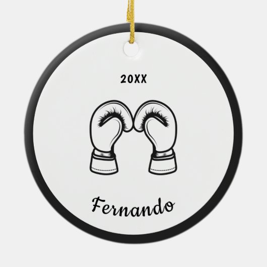 Schwarz-weißer Boxhandschuh Designname Datum Keramik Ornament (Hinten)