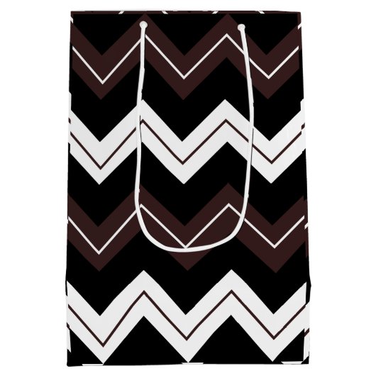 Schwarz-weißer brauner Zickzack Streifen Mittlere Geschenktüte (Rückseite)
