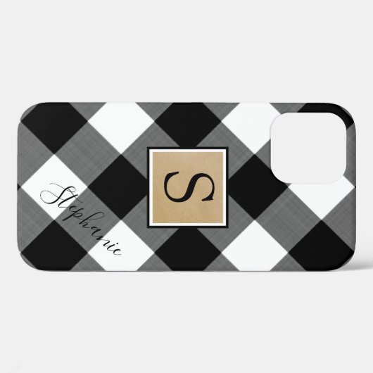 Schwarz-weißer Buffalo-Karierter Name für Monogram Case-Mate iPhone Hülle (Rückseite (Horizontal))