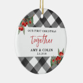 Schwarz-weißer Buffalo-Karo Erster Weihnachtsfest Keramik Ornament (Rechts)