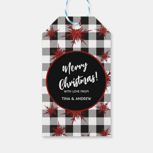 Schwarz-weißer Buffalo Karo Roter Glitzer Schneefl Geschenkanhänger (Rückseite)