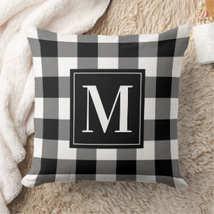 Schwarz-weißer Büffel-Karo-Weihnachtsmonogramm Kissen