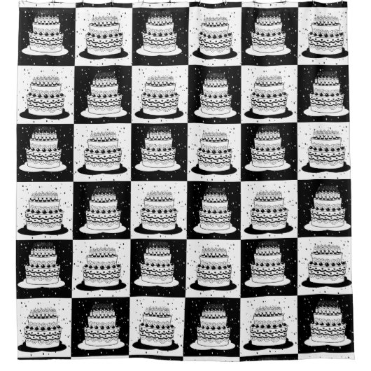 Schwarz-weißer Cake-Checker-Blockdruck Duschvorhang (Vorderseite)