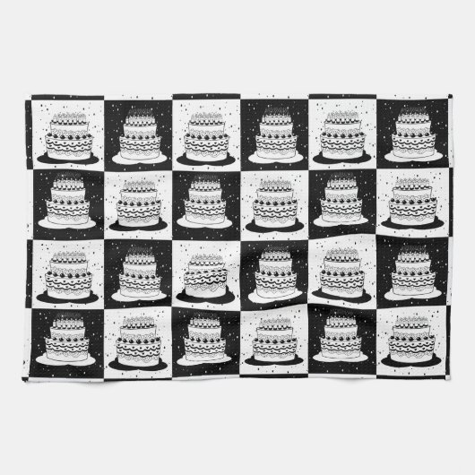 Schwarz-weißer Cake-Checker-Blockdruck Geschirrtuch (Horizontal)