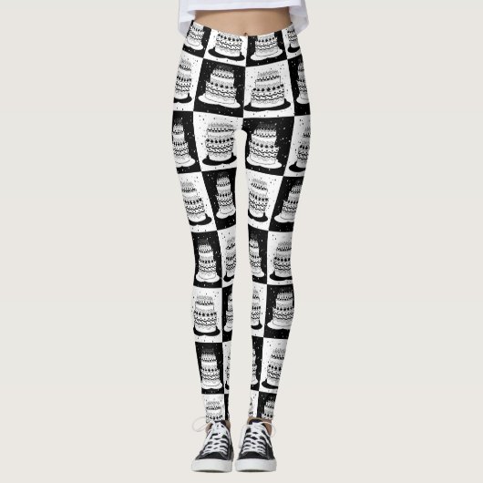 Schwarz-weißer Cake-Checker-Blockdruck Leggings (Vorderseite)