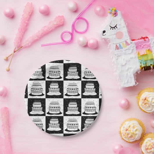 Schwarz-weißer Cake-Checker-Blockdruck Pappteller (Party)