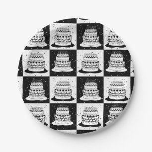 Schwarz-weißer Cake-Checker-Blockdruck Pappteller