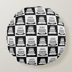 Schwarz-weißer Cake-Checker-Blockdruck Rundes Kissen