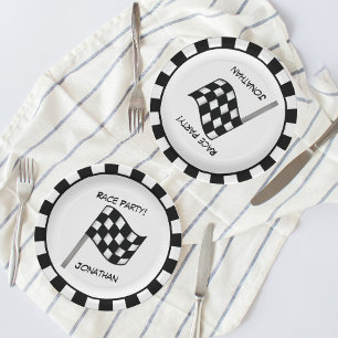 Schwarz-weißer Checkered Flaggen-Rennen-Party-Nam Pappteller