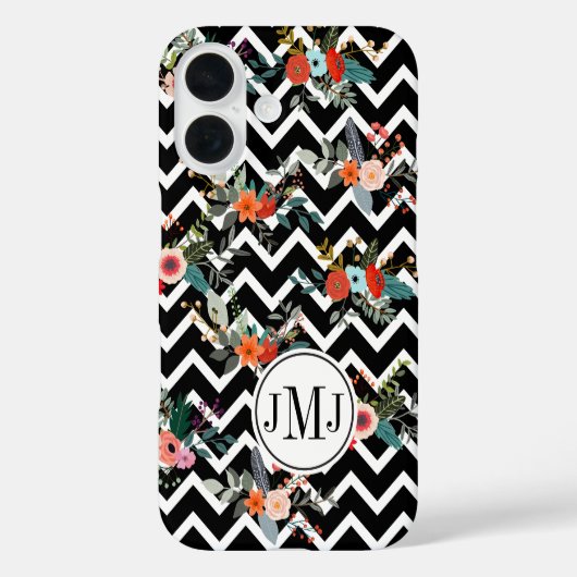 Schwarz-weißer Chevron-Blumenmonogramm Case-Mate iPhone Hülle (Rückseite)