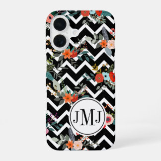 Schwarz-weißer Chevron-Blumenmonogramm iPhone 16 Hülle