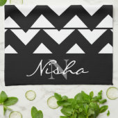 Schwarz-weißer Chevron-Monogramm Geschirrtuch (Gefaltet)