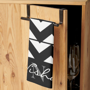 Schwarz-weißer Chevron-Monogramm Geschirrtuch