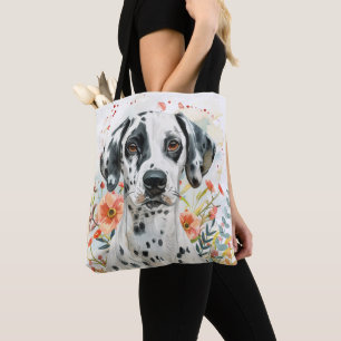 SCHWARZ-WEIßER DALMATINER MIT WILDBLUMEN TASCHE