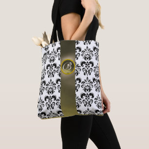 SCHWARZ-WEISSER DAMASK-FLORAL , GRAUVERSTONMONOGRA TASCHE